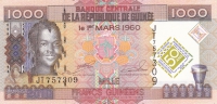 1000 франков 2010 года Гвинея 50 лет ЦБ