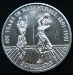 5 долларов 1991 год НИУЭ 100 лет баскетболу
